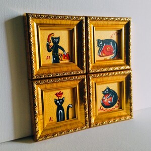 Conjunto de cuatro cuadros Pequeños cuadros en miniatura con gatos Regalos Gato negro y teléfono Gato negro y pájaro Ilustraciones nueva decoración de pared