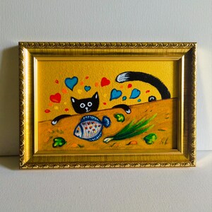Gato preto e linguado pintura acrílica original gato fofo arte engraçada de gato animais engraçados ilustração de animal de estimação retrato de gato preto presente para ela