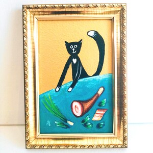 Gato negro y pata de cerdo Pintura acrílica original Lindo gato Arte divertido de gatos Animales divertidos Ilustración de mascota para el hogar Retrato de gato negro Regalo para