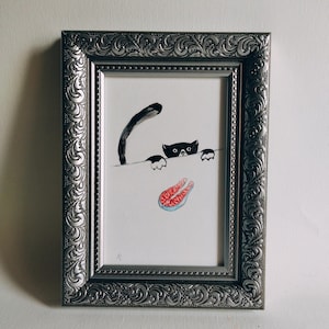 Un chat noir vole un déjeuner de poisson et de saumon, peinture acrylique minimaliste pour le déjeuner, peinture pour cuisine comme illustration de cadeau
