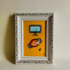 Chat roux dormant sur le clavier, peinture originale, cadeau, décoration murale, oeuvre d'art, illustration de chat drôle, animal de compagnie mignon