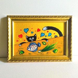 Chat noir et plie peinture acrylique originale chat mignon Art de chat drôle Animaux drôles Illustration d'animal de compagnie à la maison Portrait de chat noir Cadeau pour elle