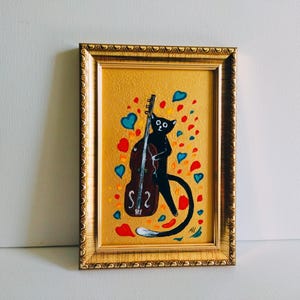 Le chat noir joue du violoncelle Decor oeuvre d'art murale oeuvre d'art murale illustration d'art originale portrait de chat cadeau pour elle