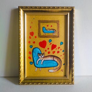 Chat roux allongé sur le fauteuil bleu Peinture acrylique originale Illustration de chat drôle Art déco original Art mural cadeau Oeuvre d'art
