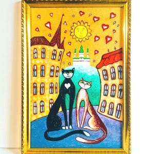 Deux chats dans une vieille rue Descente de Kiev Andreevsky Chat noir Chat roux Couple de chats Peinture originale Cadeau d'art original