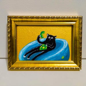 Peinture acrylique originale drôle de portrait de chat noir Illustration oeuvre d'art décoration murale art mural cadeau