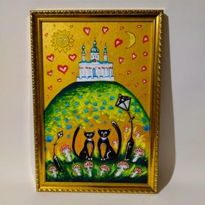 Peinture originale de deux chats noirs, art original abstrait, illustration, oeuvre d'art, décoration murale, cadeau pour elle