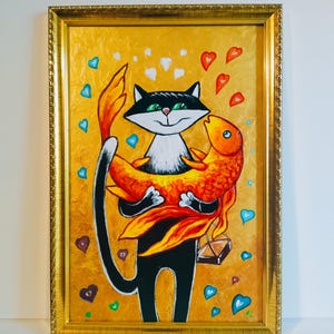 Portrait de chat noir poisson rouge peinture acrylique originale Art de chat mignon Illustration d'animaux drôles Cadeau Portrait de chat pour son chat mignon