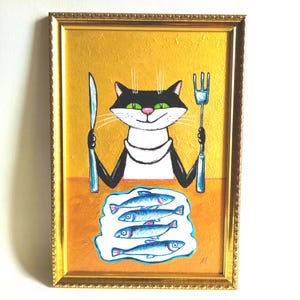 Illustration d'un chat noir mange du poisson, peinture d'art originale, cadeau pour elle, cadeau pour lui, cadre doré, décoration murale de cuisine, oeuvre d'art pour le dîner