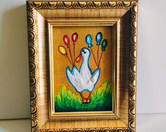 Original White Duck Painting: Funny Goose with Balloons, Golden Frame