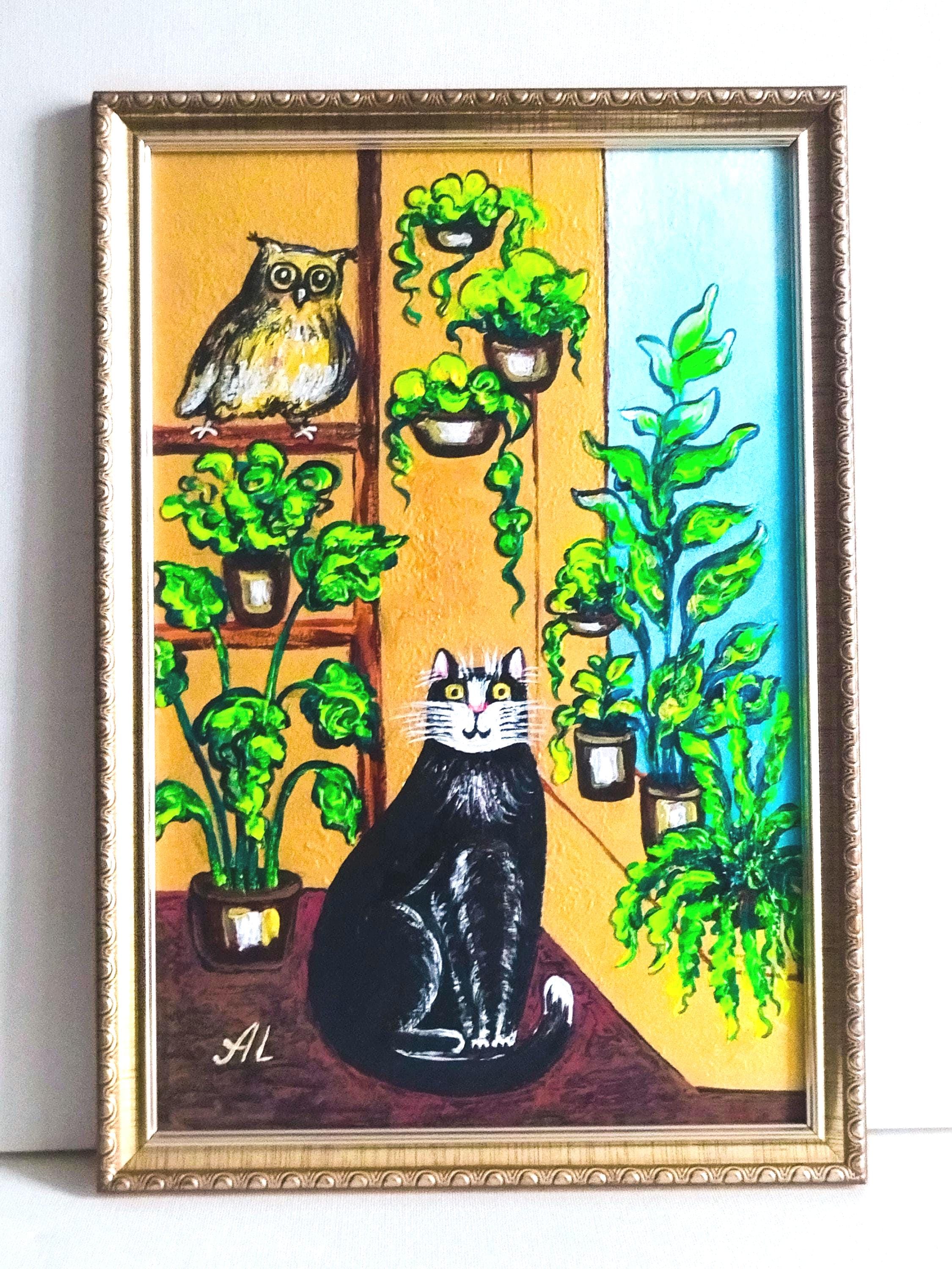 Black Cat and Owl Acrylic Painting, Framed Floral Boho Wall Art, 8x12"