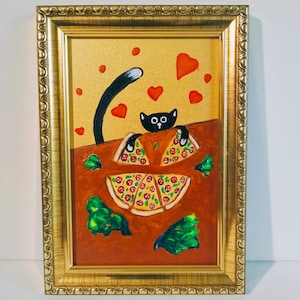 Schwarze Katze stiehlt Pizza Originales Acrylgemälde Süße Katze Lustige Katzen Kunst Lustige Tiere Haustier Illustration Katzenportrait Geschenk für Sie