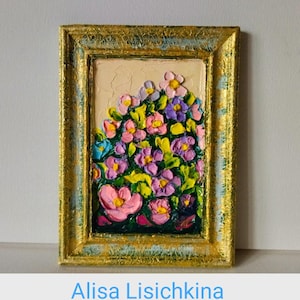 Ne m'oubliez pas, peinture à l'huile originale déco florale bohème colorée, cadeau floral d'art pour elle Texture 3d en bois doré encadré