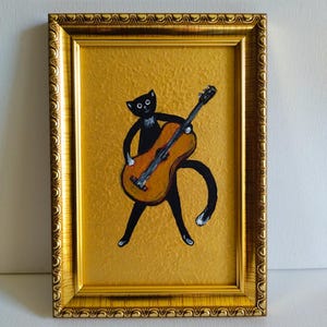 Décoration murale chat noir et guitare Oeuvre d'art murale Illustration florale Portrait de chat Cadeau pour elle