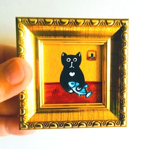 Peinture originale de chat noir bleu poisson 2 x 2 pouces Art abstrait doré encadré nouvelle décoration de bureau à domicile cadeau pour elle