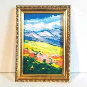 California Poppy Oil Painting: Abstract Mountain Landscape, Framed 5x7