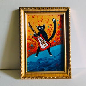 Chat noir et guitare électrique Portrait musical de chat noir chat peinture originale illustration art original guitare basse cadeau pour lui elle
