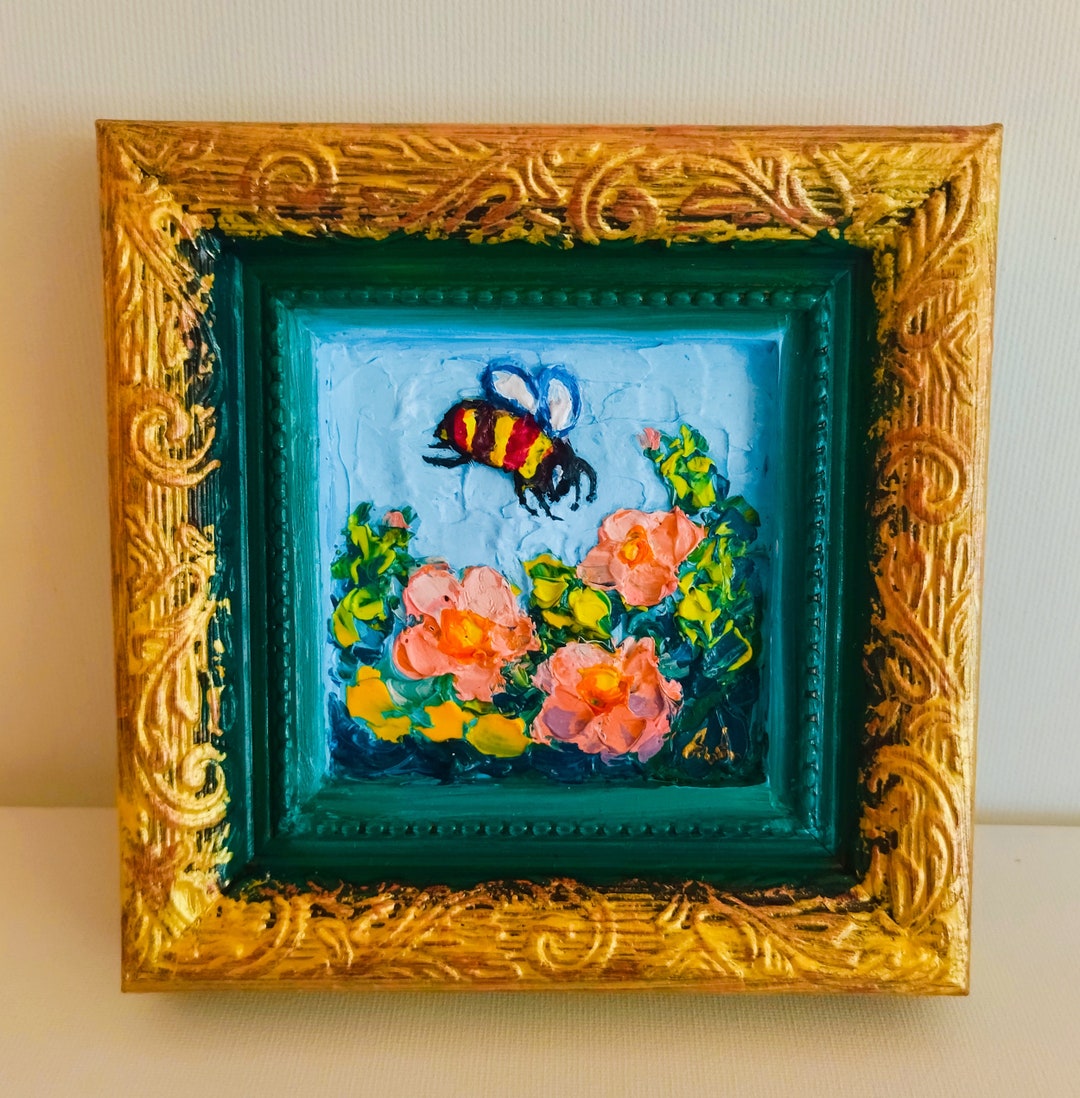 Buy Honey Bee Original Oil Small Painting Framed New Home Office Decor ...