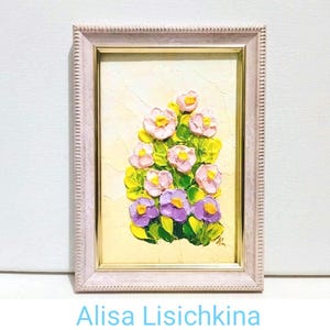 Forget me not Decor Boho Floral Gift for her Meadow Flowers Wild Flowers Big Green Framed Original Oil Painting Art Floral Texture 3d