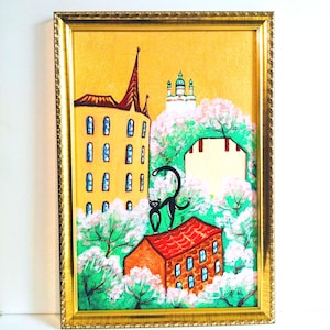 Illustration de chat noir dans la vieille rue, peinture d'art originale, cadeau pour elle, cadeau pour lui, peinture originale de décoration, oeuvre d'art, art mural