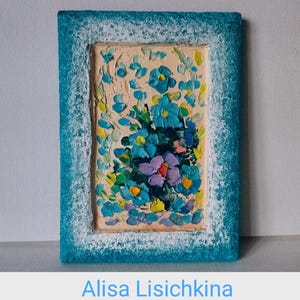 Peinture à l'huile originale de fleurs bleues de myosotis, encadré en bois, décor de fleurs, texture florale bohème, cadeau 3d pour elle, art floral