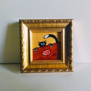 Black Cat Steals Sausage Black Cat Portrait Original Art Original Painting Cat Art Illustration Artwork Gift for her Gift for Him