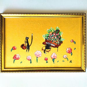 Illustration originale de deux chats noirs, peinture d'art, cadeau pour elle, cadeau pour lui, cadre doré, décoration murale de cuisine, oeuvre d'art pour le dîner