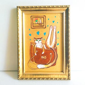Un chat roux est assis dans un sac Oeuvre d'art murale décorative Art mural Illustration florale Portrait de chat Cadeau pour elle