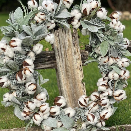 15 Lambs Ear and Cotton Bolls Farmhouse Wreath/ Farmhouse Etsy
