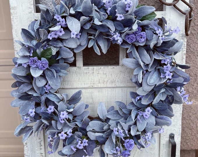 Lavender Lambs Ear Wreath, Forget Me Not with Tea Roses Wreath, Lavender Spring Wreath, Everyday Wreath, Iris