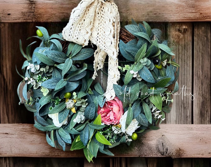 Small Olive Branch and Rose bud Wreath, Year round Olive and Rose Wreath, Wreath Gift, Riviera