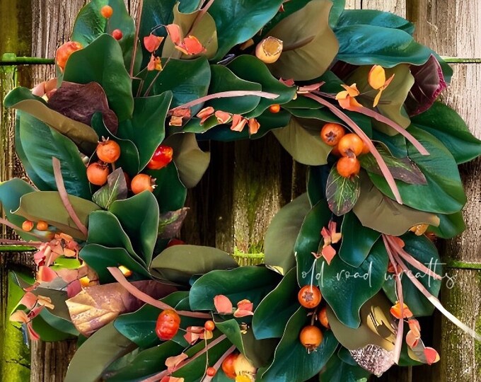 Fall Magnolia Grapevine Wreath, Rustic Magnolia Wreath, Magnolia Wreath, Madden