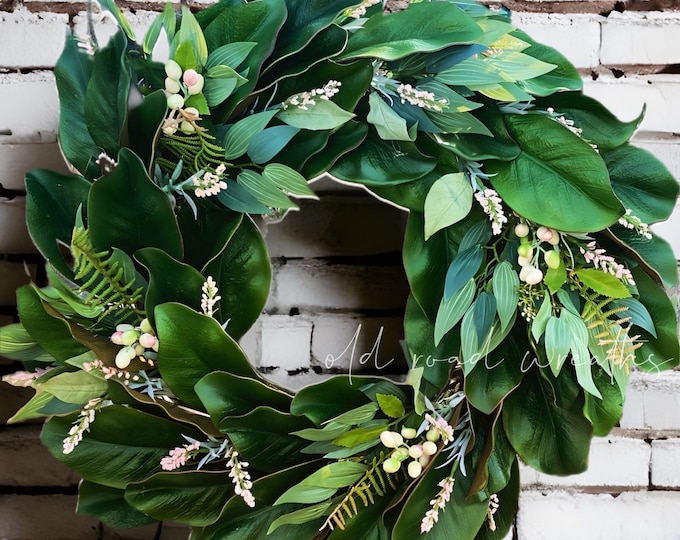 Spring Magnolia Wreath with Pink Heather and Blushed Berries, Maggie