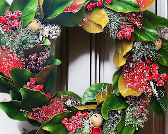 Winter Magnolia Wreath, Christmas MagnoliaWreath, Snowy Pine Magnolia Wreath, Christmas Gift Idea, Wreath Decor, Ember