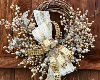 Gold glitter berries & eucalyptus wreath, Gold Christmas, New Years Eve, "Aurelia"