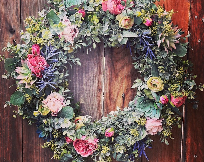 Spring Succulent Wreath, Spring Succulent Neutral Wreath, Easter Wreath, Mothers Day Wreath, Everyday Spring Wreath, Echeveria