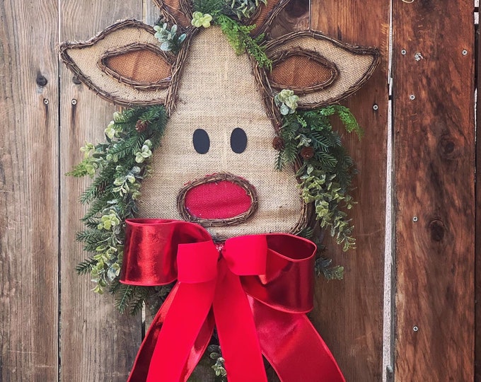 Peekaboo Rudolph, Reindeer Christmas Wreath, Christmas Gift Idea, Rudolph Christmas Wreath, Rudolph