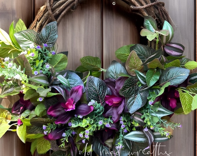 Burgundy Cymbidium Grapevine Wreath, Year round Cymbidium Wreath, Dark-toned Burgundy Everyday Wreath, Wreath Gift Idea, Sabrina