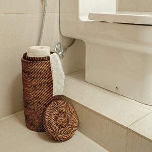 Tissue Holder / Loo storage / Toilet paper holder / Rattan loo holder / White wash loo holder/ Rattan Cylinder loo Roll Holder