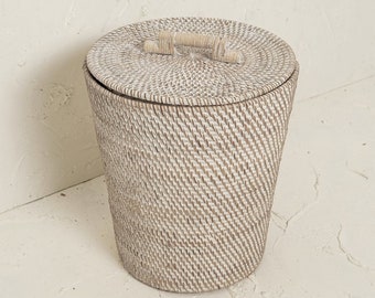 Waste paper Bin / Rattan Dustbin trash can / Wicker Waste Paper bin / Woven Paper Basket with lid / White waste basket / Office bin