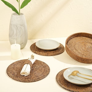 Round Placemats with Holder Dark Brown Rattan / Wicker placemat. 25cm, 30cm and 35cm Gift for him/her Birthday gift