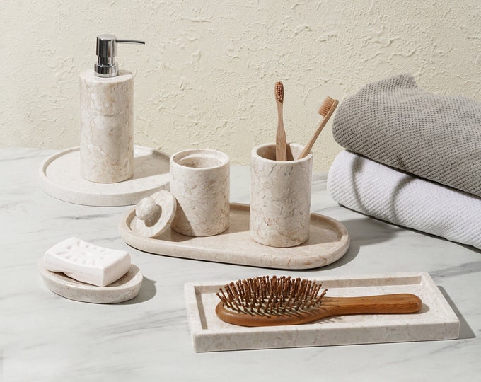 5 pieces Marble bathroom accessories/ Beige Marble Bathroom accessories SET/ Bathroom decoration / Bathroom organisation / Bathroom gift set