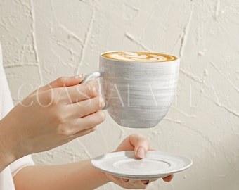 Large Coffee Cup White / Textured latte Cup and Saucer / Cappuccino cup / Coffee mug / Coffee cup set / Coffee cup with handle gift for him