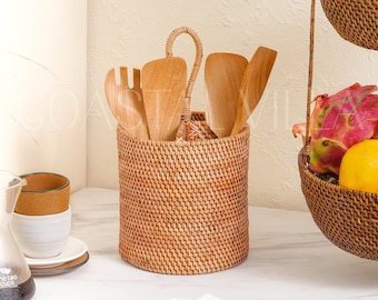 Utensil holder for counter | Honey Brown Utensil Holder with 4 Compartments: Stylish Kitchen Organiser | Spatula holder