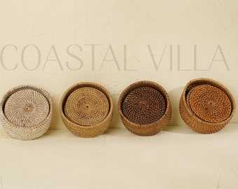 Coasters set with woven with Holder / Round wicker coasters / Handmade coasters in set 4,6,8,10 Gift for him/her Birthday gift