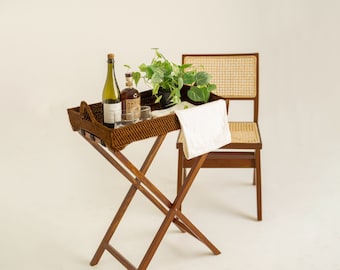 Rattan Butlers Tray/ Foldable Serving Tray/ Drinks Holder - Dark Brown Gift for him/her Birthday gift