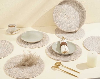 Round Placemats with Holder White Wash Rattan / Wicker placemat. 25cm, 30cm and 35cm Gift for him/her Birthday gift