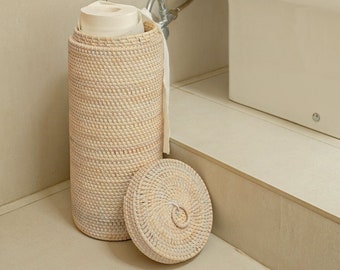 Tissue Holder / Loo storage / Toilet paper holder / Rattan loo holder / White wash loo holder / Rattan Cylinder loo Roll Holder