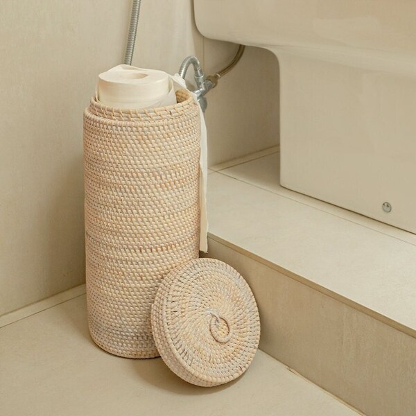 Tissue Holder / Loo storage / Toilet paper holder / Rattan loo holder / White wash loo holder / Rattan Cylinder loo Roll Holder