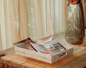 Handmade White Wash Rattan Serving Tray: Versatile, Eco-Friendly Decor Accent Sizes L 33cm x W 23cm x H 5cm and L 38cm x W 28cm x H 5cm
